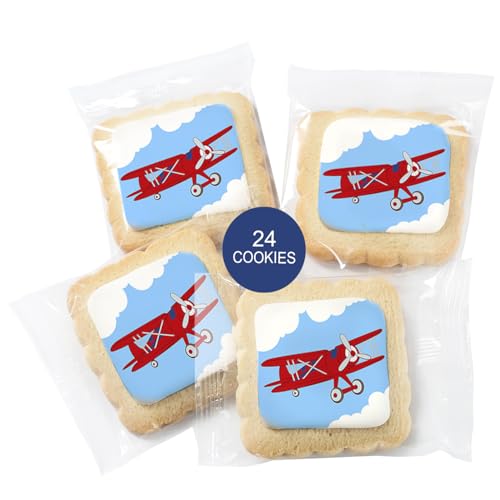 Image of Airplane Cookies Theme 24 Pack Cookies Individually Wrapped | Red Glider Blue Sky Clouds Treats Dessert Birthday Party Baby Shower Aviation