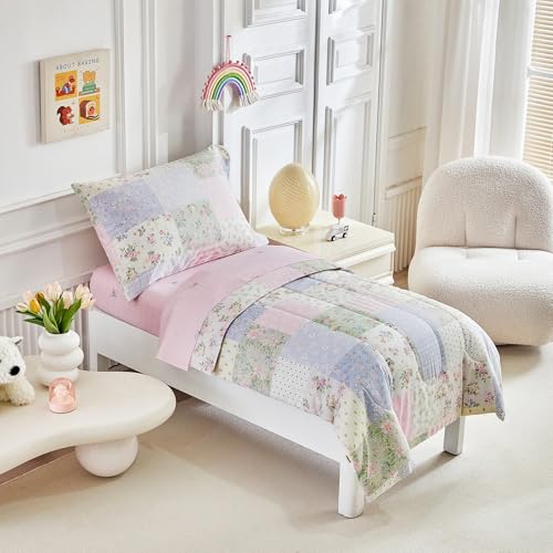Image of Joyreap 4 Piece Cotton Toddler Bedding Set- Colorful Flowers Grids Patchwork Design, Toddler Comforter Set for Girls, Includes Quilted Comforter, Fitted Sheet, Top Sheet, and Pillow Case