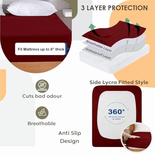 Image of Ayka 100% Waterproof Cotton Terry Mattress Protector Double Size Breathable Hypoallergenic Noiseless Ultra Soft Fitted Bed Protector 72x48 inch Mattress Cover /Bed Cover (Maroon, Double (72 * 48 inch))