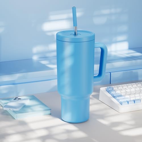 Meoky 40 oz Tumbler with Handle and Straw: Stainless Steel Insulated Tumbler with Lid and Straw - 100% Leak Proof Tumbler for Car Cup Holders - Travelers Commuters Workers, Blue