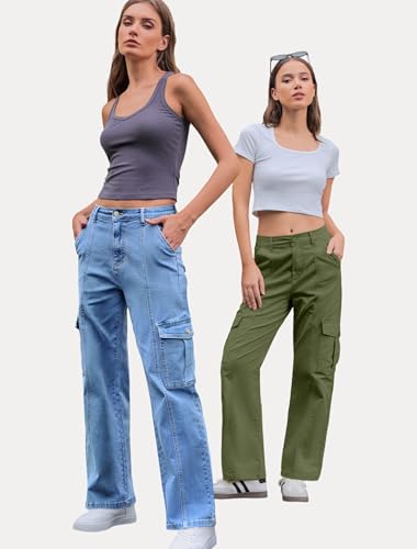 IWD Womens Cargo Pants High Waisted Straight Leg Trousers with 6 Pockets Casual Baggy Pants Trendy Clothes 20254