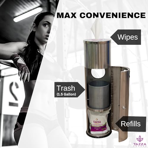 Image of Tazza Gym Equipment Wipe Dispenser with Stainless Steel Floor Stand, Built-in Trash Can, Fitness Equipment Wipes Holder, 1.5 Gallon, Silver