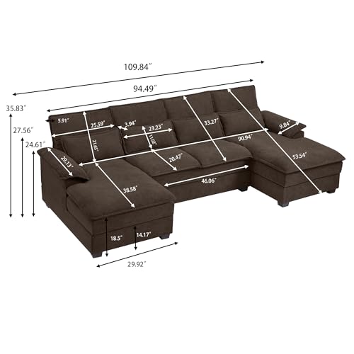 110" U-Shaped Comfy Cloud Couch with Chaise and Armrests, Modern 4 Seater Sofa for Living Room