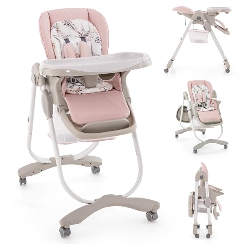 Image of BABY JOY High Chair, Foldable Baby High Chair with Adjustable Height, Recline & Footrest, Double Removable Tray, Storage Basket, Portable High Chair with Wheels for Babies & Toddlers (Pink)