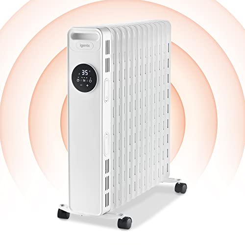 Igenix IG2626 Digital Oil Filled Radiator, 2.5kW/2500W 13 Fin Electric Heater with Remote Control, 3 Adjustable Heat Settings & Overheat Protection, White