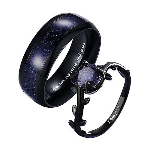 Personalized Promise Rings for Couples, Vine Blue Sandstone Black Matching Rings, Custom Matching Couple Rings Set, His and Her Engagement Ring