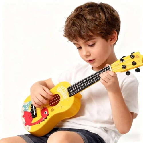 Gitarre für Kinder, 42cm Kindergitarre, Musikspielzeug Ukulele Instrument, Stimmbare Nylonsaiten, Kindergitarre Musikinstrumente, Mit 4 Verstellbaren Saiten und Plektren, für Kinder (Gelb)
