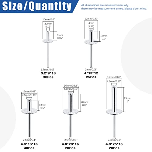 Glarks 125 Stück 5 Größen großer Flansch Aluminium Blindnieten Pop Nieten Sortiment Set zum Verbinden von Metallplattenrohren Automobil
