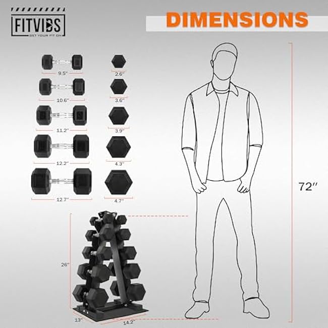 Rubber Coated Hex Dumbbell Weight Set and Storage Rack, 100LB Set or 150LB Set, 5-20 lbs Pairs or 5-25 lbs Pairs