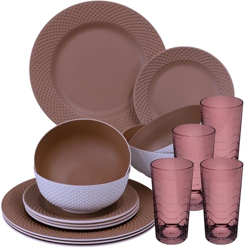 Service de table en mélamine pour 4 personnes - 16 pièces - Aspect faïence élégant dans un ton rose chaud - Avec verre coloré de 260 ml - Vaisselle de camping - Passe au lave-vaisselle - Pour