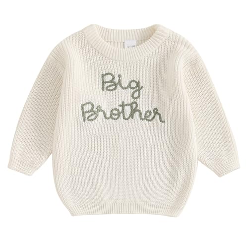 Big Brother Little Brother Matching Sweaters Toddler Boy Letter Crewneck Knitted Pullovers Tops Kids Fall Outfit (Big Brohter Sweater White,2-3T)