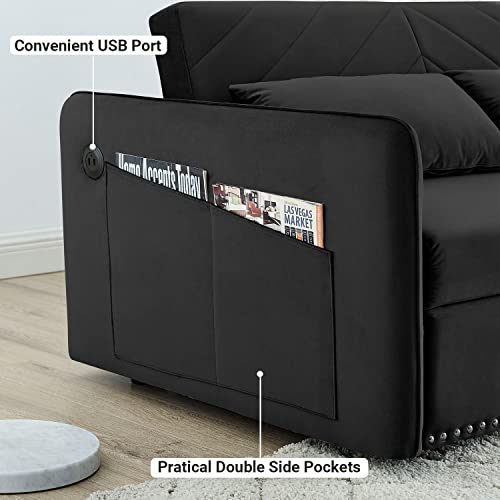 Sleeper Sofa Couch Bed, 55" 3 In 1 Velvet Convertible Loveseat Sleeper With Pullout Bed, Small Love Seat Futon Sofa W/Adjustable Backrest, Lumbar Pillows & Side Pocket For Living Room Bedroom, Black #TOP3