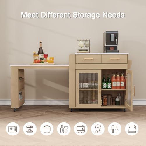 Image of HLR 72 inch Extendable Rolling Kitchen Island with Storage, Island Table on Wheels with Marble Grain Countertop & Power Outlet, Portable Island Cart with Cabinets, Drawers and Shelves, Wood
