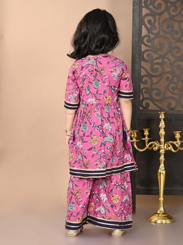 Image of superminis Girls Cotton Floral Printed Gota Patti Work Half Sleeves Sharara Suit