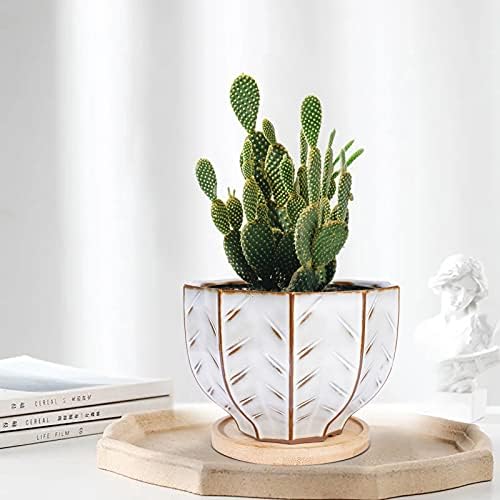 Fivepot 15CM Modern Polygonal Planter Ceramic Flower Pot Succulent Plant Pot Indoor and Outdoor with Drain Hole and Bamboo Tray White