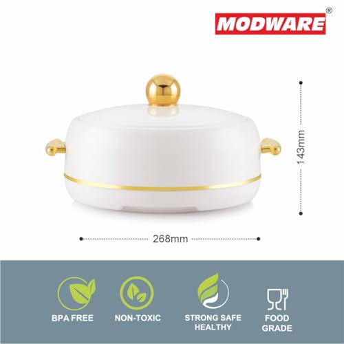 Image of Modware Atlantis Casserole 1500ml Elegant Design Premium Hot Pot, Retains Temperature for Hours, Insulated Inner Steel Casserole for Roti, Hot Box for Home, Chapati Box, Serving Bowl with Lid (White)