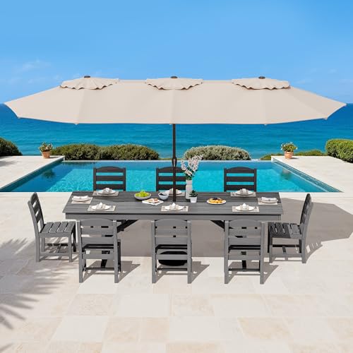 Image of SERWALL 9 Piece 84 inch HDPE Outdoor Dining Set for 8 with Armless Chairs and Umbrelle Hole, Gray