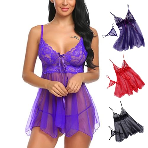 Lingerie for Women Lace Sheer Mesh Outfits Lingeries Sets Pajamas Ruffle Trim Fashion Shapewear Nightwear Purple