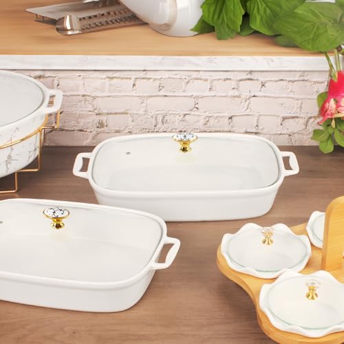 jinsongdafa 10\" x 7\" Ceramic Rectangular Casserole Dish with Glass Lid, 1.3 Quart White Serving Soup Tureen,Chafing Dish for Buffet, Family Food preserve Tray, Catering Casserole for Party Style