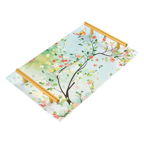 Spring Pear Blossom Birds Green Decorative Breakfast Trays with Handles Plastic Food Tray for Jewelry Perfume for Square Serving bandeja para desayuno