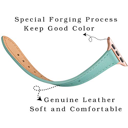 Image of STIROLL Slim Leather Bands Compatible with Apple Watch Band 49mm 46mm 45mm 44mm 42mm(Series 3 2 1), Top Grain Leather Watch Thin Wristband for iWatch Ultra SE Series 11 10 9 8 7 6 5 4(Light Blue with Rose Gold)