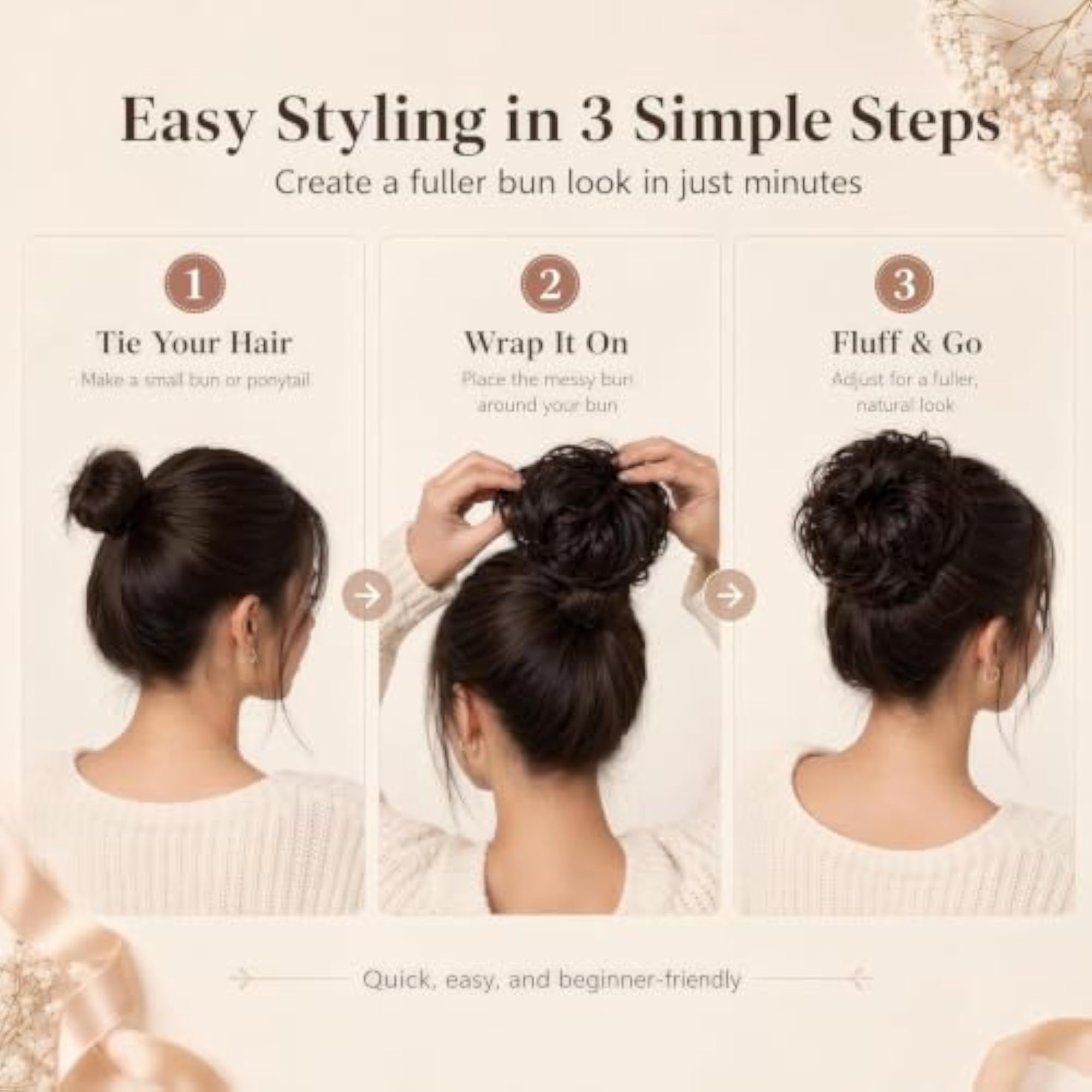 Black Wavy Curly Bun Hair Piece for Women, Messy Volumizer