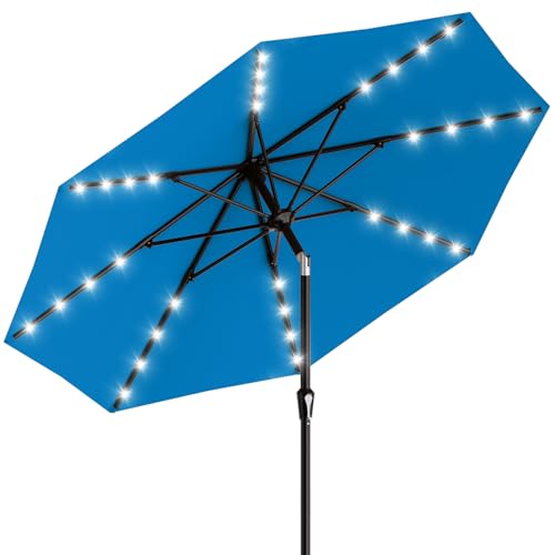 Image of AreShark 9FT Patio Umbrella with Solar Lights, 32 Lighted Pool Umbrella w /Tilt and Crank, Outdoor Market Solar Umbrellas for Garden, Deck, Backyard, Pool and Beach, Royal Blue