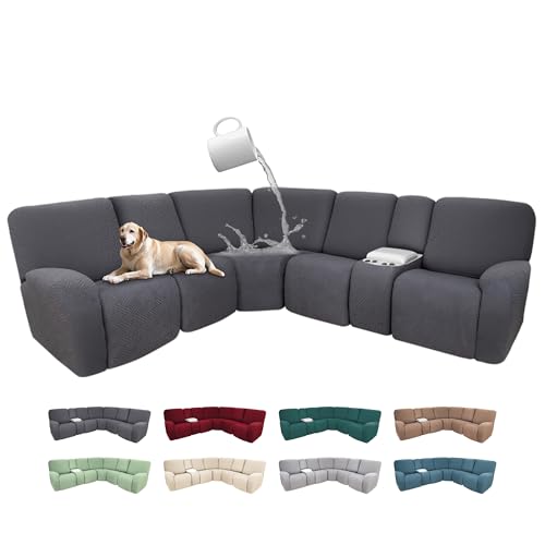 ROFASVCO 100% Waterproof Sectional Recliner Couch Covers for Reclining Couch L Shaped Corner Sectional Sofa Cover Jacquard Stretch L Shape Recliner Slipcovers (5 Seater 1 Console Cover, Dark Gray)