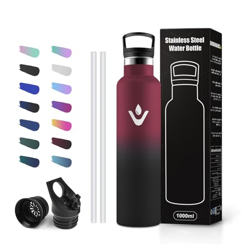 JAPORIA Botella Termica Deportiva 1L con Pajita, Cantimplora de Acero Inoxidable, Aislamiento al Vacío de Doble Pared, sin BPA, Botella de Gimnasio para Adultos, Escuela, Oficina, Viajes y Bicicleta