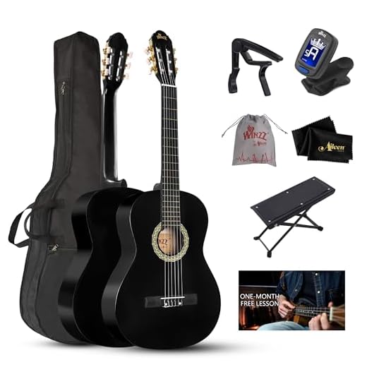 WINZZ 39 Inches Classical Guitar Full Size Beginner Acoustic with Online Lessons Bag Capo Tuner Strings, Black