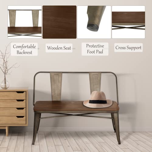 Yoleny Dining Bench, Entryway Bench With Back, Farmhouse Metal Dining Bench, Industrial Mid-Century 3 Person Rustic Spindle Bench, With Wood Seat, Removable Backrest, 42In, Bronze #TOP5
