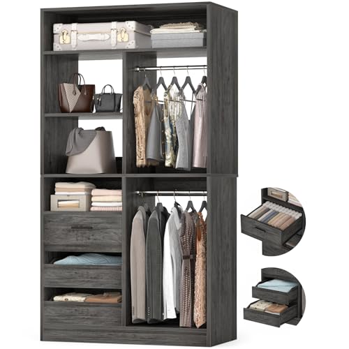 Besiost 36 Inches Modular Closet Drawers System, 3FT Wood Closet Organiser with Closed & Half-Open Drawers, Walk-in Freestanding Wardrobe Storage Cabinet with 6 Shelves, Oak (36" L x 15" W x 80" H)