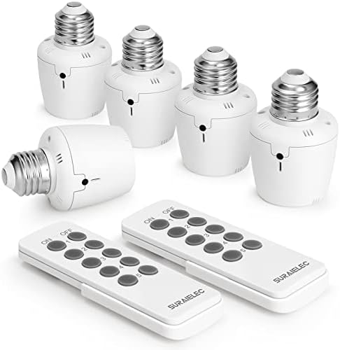 Suraielec Remote Control Light Socket, E26 E27 Bulb Base, 100FT Range, Wall Mountable Wireless Light Switch for Lamps, Pull Chain Light Fixture, Pull String (5 Sockets 2 Remotes, Shorter Version)