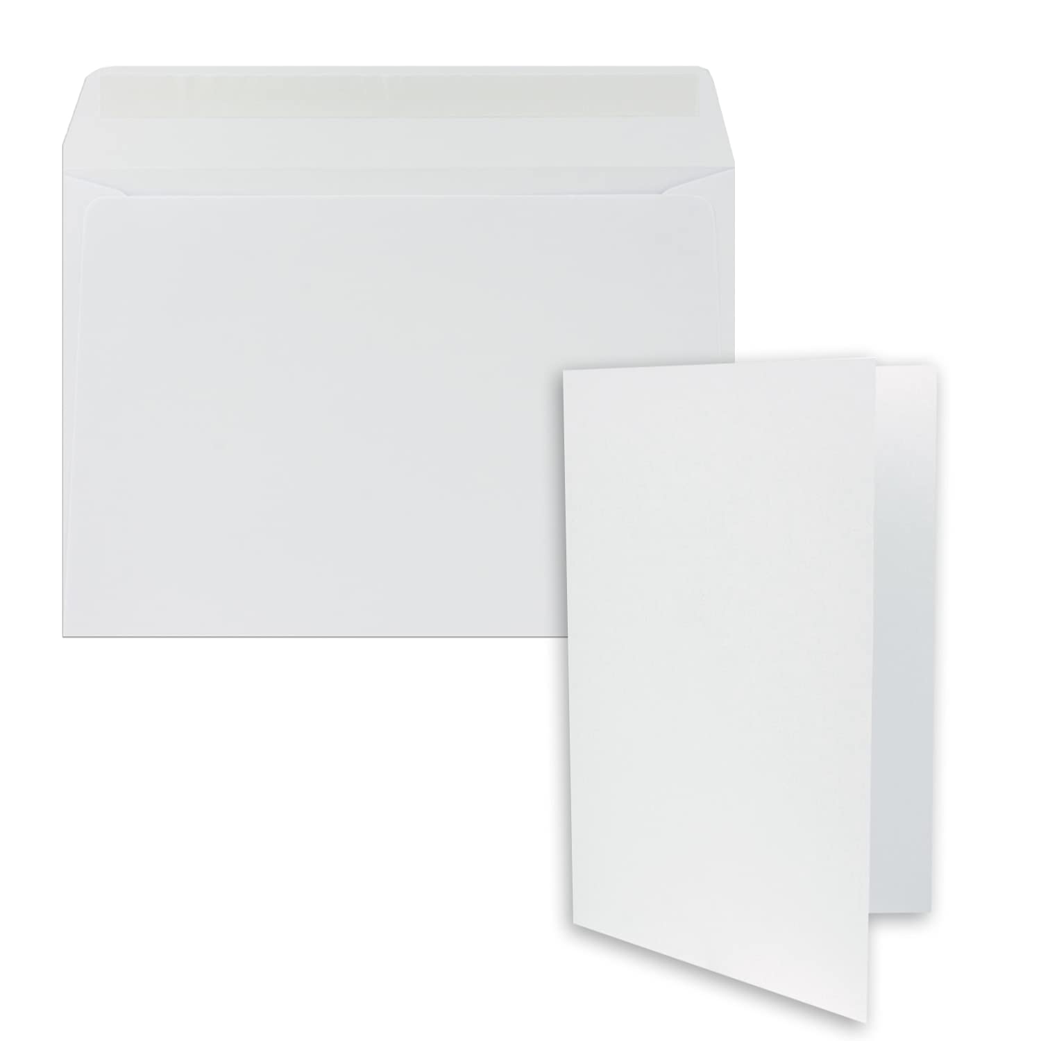 Juego de 50 tarjetas plegables DIN A5, 14,8 x 21 cm, en color blanco (blanco) con sobres DIN C5, adhesivo – para grandes invitaciones y tarjetas de cumpleaños o boda