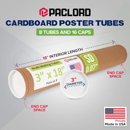 3" x 18" Reinforced Kraft Paper Mailing Tube, Pack of 8 Tubes with 16 Caps – Secure USPS Approved Poster Tube – Made in USA Cardboard Tube for Shipping and Storing Posters, Prints, Artwork by Paclord - Image 2
