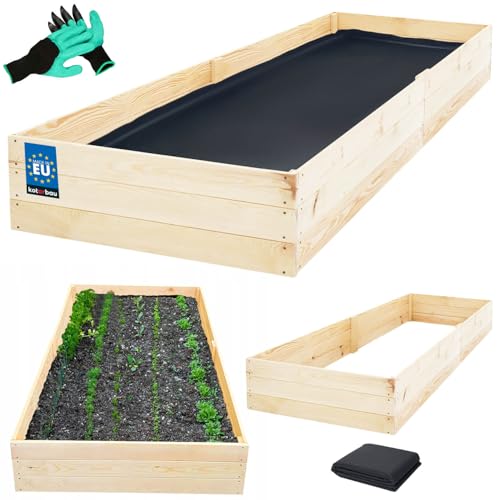 KOTARBAU® Tiefbeet Blumenkasten aus Holz 200x100x27cm Pflanzkästen Naturfarbe Hochbeet Kräuterbeete Pflanzkübel groß Anzuchtbeet Hochbeete für Garten Gemüsezucht Gemüsekiste + Handschuhe mit Krallen