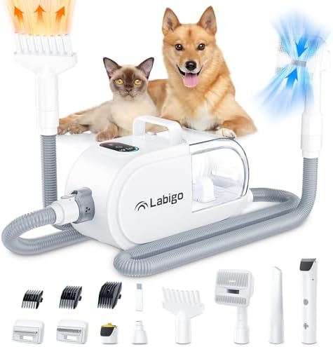 LABIGO Dog Hair Vacuum & Dryer & Clipper 3 in 1, Dog Grooming Kit with Pet Clipper Nail Grinder, Pet Hair Dryer with Adjustable Speed and Temperature, 8 Pet Grooming Tools for Dogs Cats, 2.7L Dust Cup