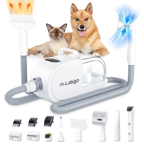 LABIGO Dog Hair Vacuum & Dryer & Clipper 3 in 1, Dog Grooming Kit with Pet Clipper Nail Grinder, Pet Hair Dryer with Adjustable Speed and Temperature, 8 Pet Grooming Tools for Dogs Cats, 2.7L Dust Cup