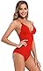 SHEKINI Damen Einteiliger Badeanzug Tiefer V Ausschnit Rückenfrei Bademode Verstellbar Schnürung Geknotete Slim Monokini Swimsuit(S,Rot)