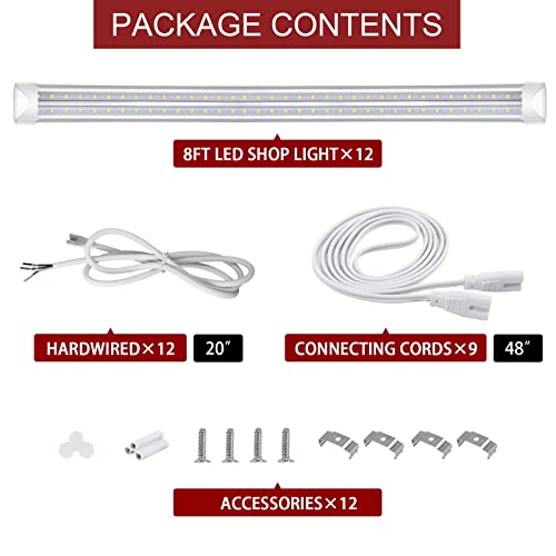 Kihung (12-Pack) 8Ft Led Shop Light Fixture, 75W, 9750Lm, 6000K, 96'' T8 Tube Light, 8 Foot Linkable Led Bulbs For Garage, Warehouse, V Shape, 8’ Led Strip, Clear Lens, Hardwired Installation #TOP6