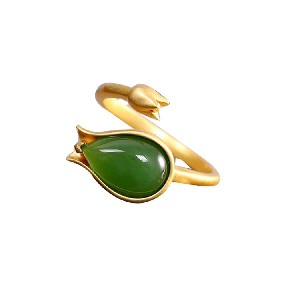 WBDWWTD Ring aus S925-Silber mit natürlicher jadegrüner Tulpe