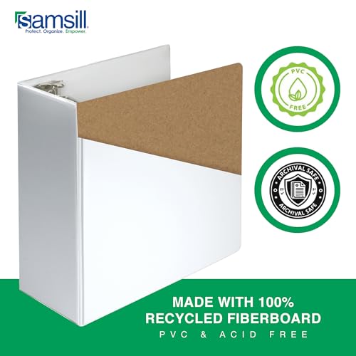 Image of Samsill Durable 5 Inch 3 Ring Binder, D Ring Binder, Customizable Clear View, Pearl White, Holds 1070 Pages