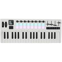 37-Key MIDI Keyboard Controller Music Production Controller MIDI Piano Keyboard Drum Pads with 16 RGB Drum Pads 8 Knobs 4 Faders Synthesizer Engine for Music Production