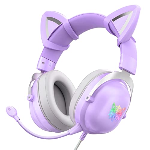 AJIJAR Auriculares para Juegos con Orejas De Gato, Compatibles con Teléfonos y Tabletas para PC, PS5 PS4 Xbox One (Sin Adaptador), con RGB, Micrófono Desmontable, Conector De 3.5 mm y USB C, Morado Cover