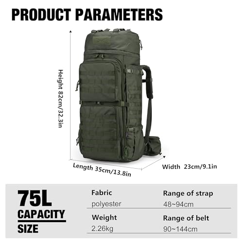 Mardingtop Plecak taktyczny, 75 l, plecak trekkingowy, zamek błyskawiczny YKK, duża pojemność, wojskowa zieleń, 75L