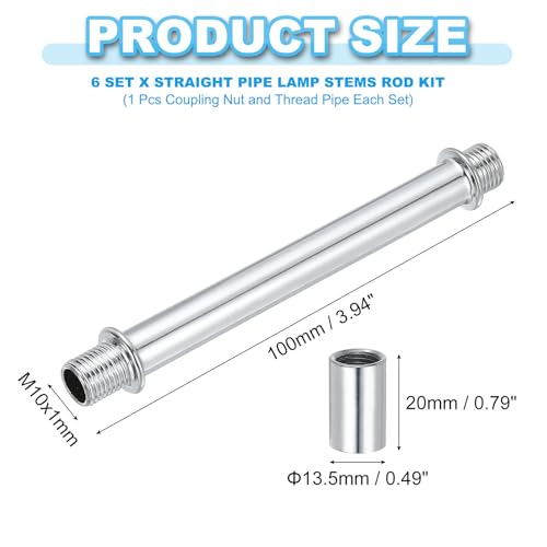 Image of PATIKIL Straight Pipe Lamp Stems Rod Kit, 6 Set M10 Carbon Steel 100mm(3.94 inch) Long Double End Thread Rod with Coupling Nuts Sleeve Connector for Table Lamps Chandeliers, Silver Tone