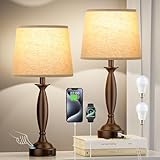 Seealle Beige Brown Lamps for Bedrooms Set of 2 - Touch Control Bedside Lamp with USB C+A, 3 Way Dimmable Nightstand Lamps with USB Port, Table Lamp for Living Room(Beige Shade and Brown Base)