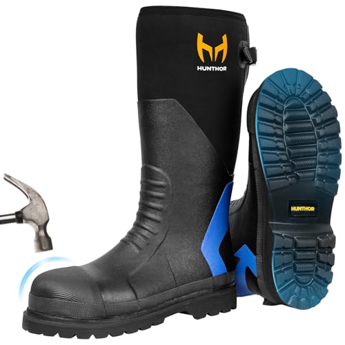 Rubber Work Boots Puncture-Proof with Steel Toe & Shank Lightweight Waterproof Anti Slip EVA Outsole Hunting Boots for Men 6mm Neoprene for Construction Manufacturing or Farming(Blue Size 7)
