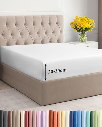 Spannbettlaken 200x200 - Mikrofaser Spannbetttuch 30cm (12") tief - Weiß | Spannbetttuch, Boxspringbett, Weich, Knitterfrei, Bügelfrei, Atmungsaktiv, Hypoallergen, Rundumgummi, Geb