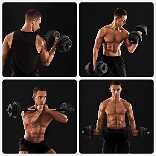 SONGMICS 2-in-1 Dumbbells Set, 2 x 10 kg Adjustable Dumbbells with Extra Barbell Bar, Plastic-Coated Weight Plates, Fitness Exercise, Home Gym, Black SYL20HBK